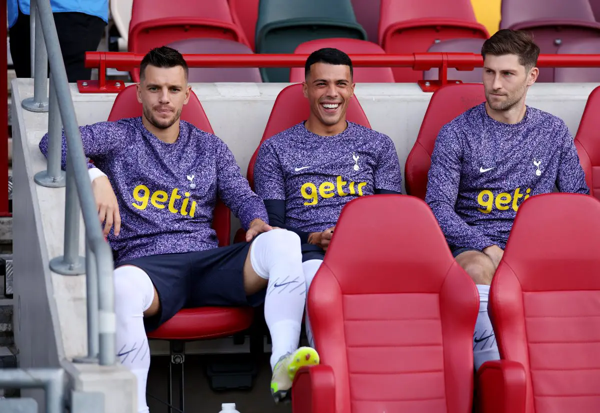 Giovani Lo Celso, Pedro Porro and Ben Davies of Tottenham Hotspur.