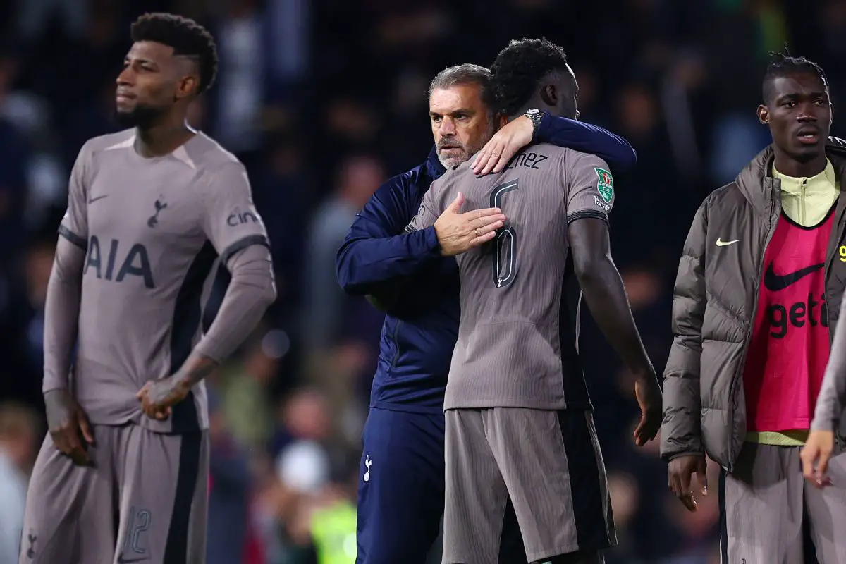 Tottenham Hotspur manager Ange Postecoglou and Davinson Sanchez.