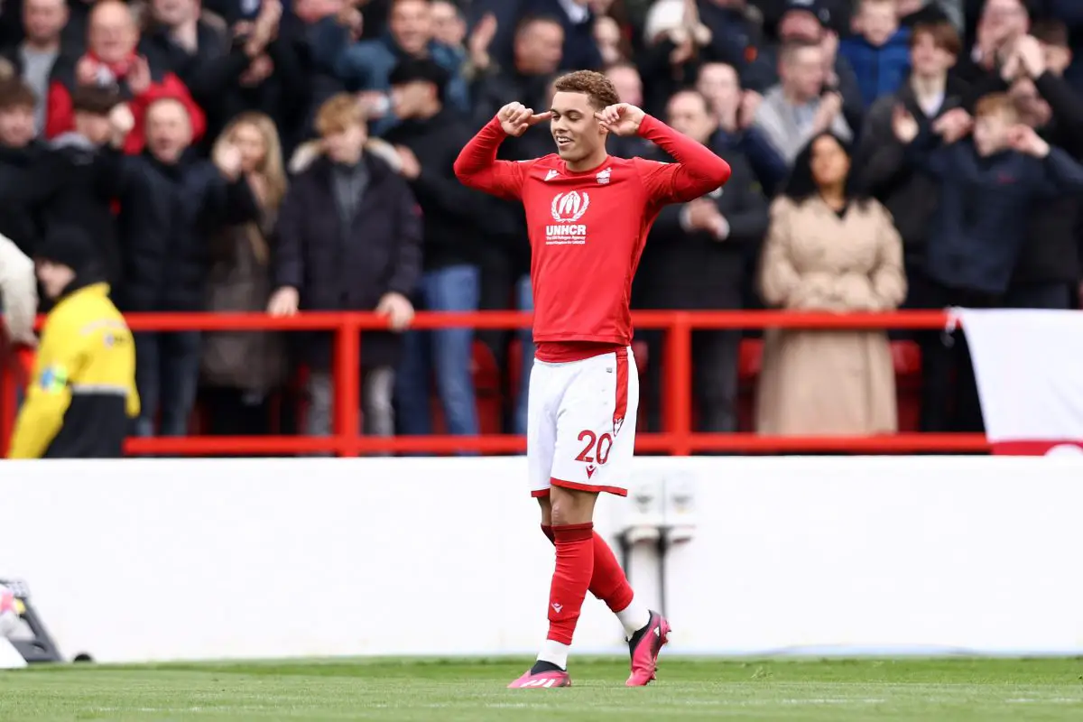 NOTTINGHAM, ENGLAND - APRIL 01: Brennan Johnson of Nottingham Forest celebrates after scoring the team's first goal during the Premier League match between Nottingham Forest and Wolverhampton Wanderers at City Ground on April 01, 2023 in Nottingham, England