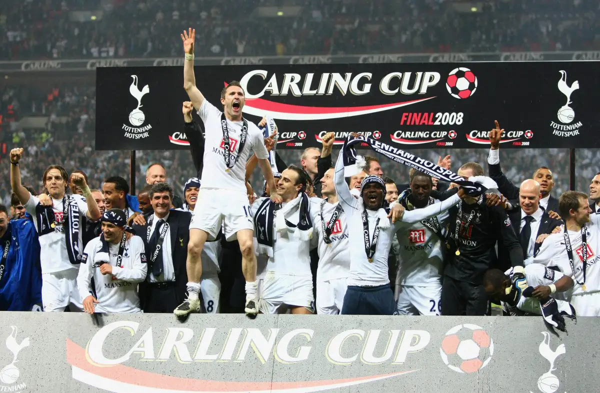 LONDON - FEBRUARY 24:  Robbie Keane of Tottenham Hotspur leads the celebrations following victory during the Carling Cup Final between Tottenham Hotspur and Chelsea at Wembley Stadium on February 24, 2008 in London, England. Tottenham Hotspur won 2-1 after extra time.  (Photo by Mike Hewitt/Getty Images)