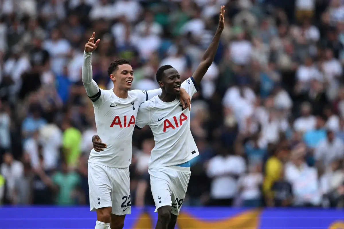 Tottenham Hotspur's Senegalese midfielder #29 Pape Matar Sarr (R) is impressing under Ange Postecoglou. 