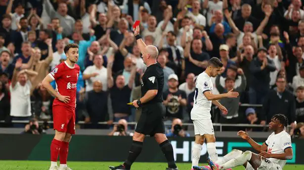 Liverpool star Diogo Jota receives a red card against Tottenham Hotspur 
