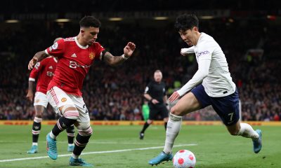 Jadon Sancho of Manchester United looks on as Heung-Min Son of Tottenham Hotspur controls the ball. (Photo by Naomi Baker/Getty Images)