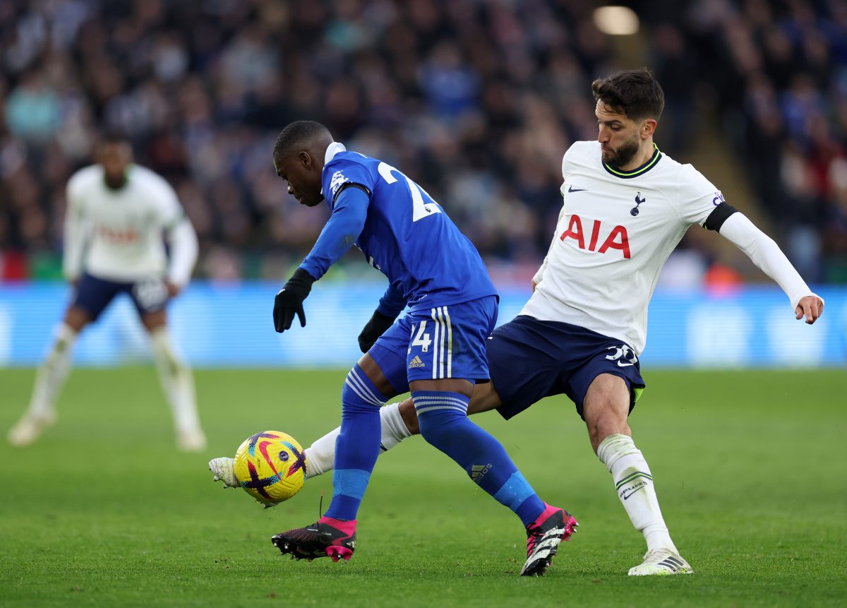 Rodrigo Bentancur of Tottenham Hotspur battles for possession with Nampalys Mendy of Leicester City. 