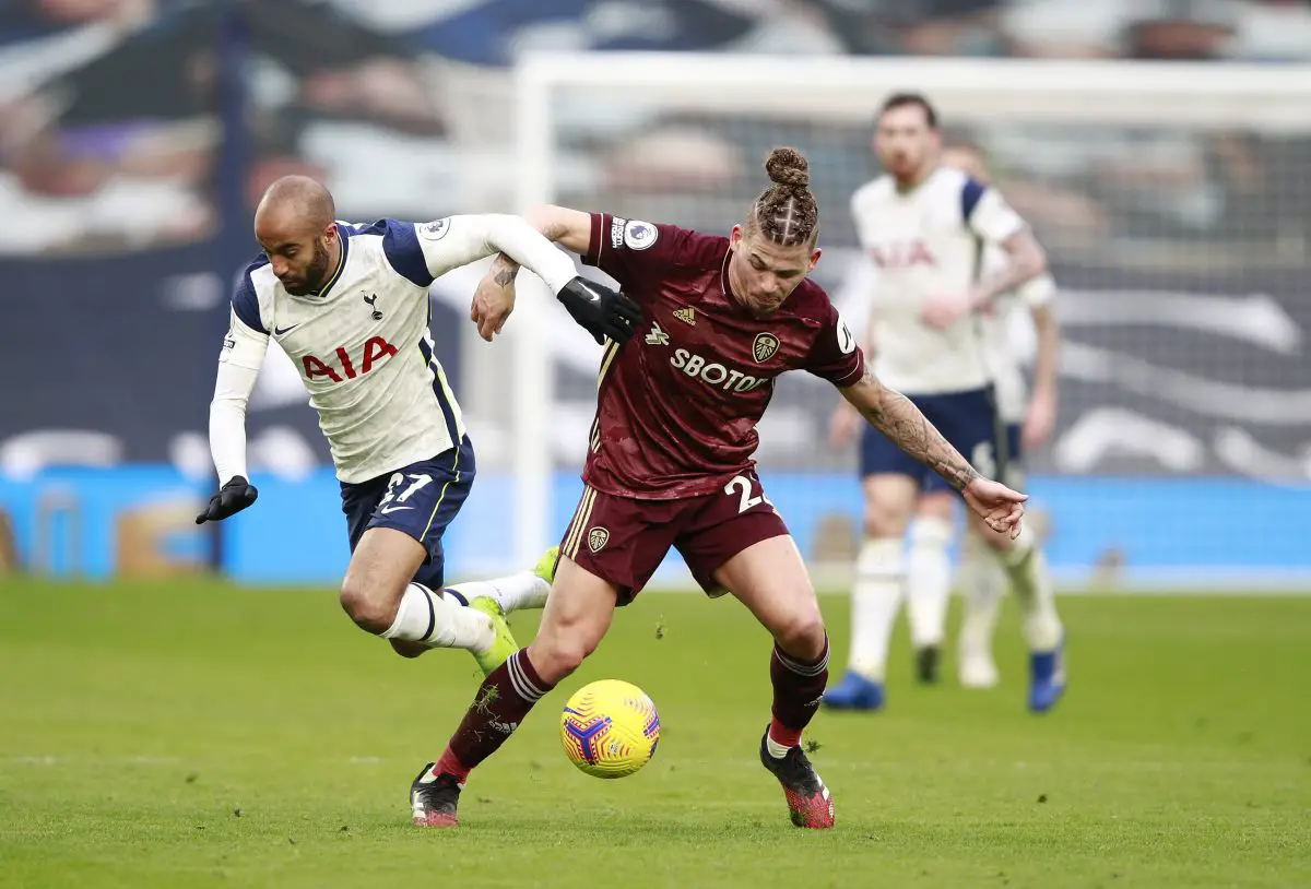 Lucas of Tottenham Hotspur and Kalvin Phillips of Leeds United battle for possession. (Photo by Ian Walton - Pool/Getty Images)
