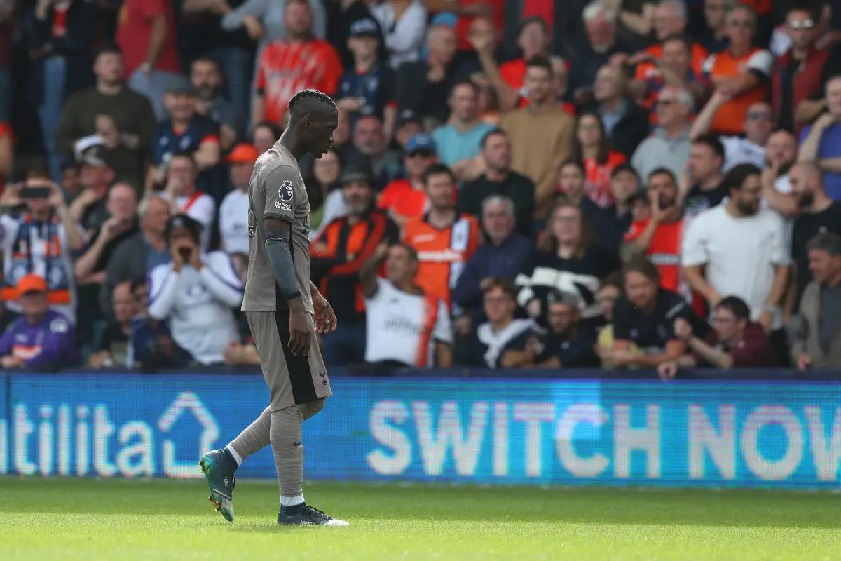Yves Bissouma of Tottenham Hotspur leaves the pitch after being shown a red card. (Photo by Henry Browne/Getty Images)