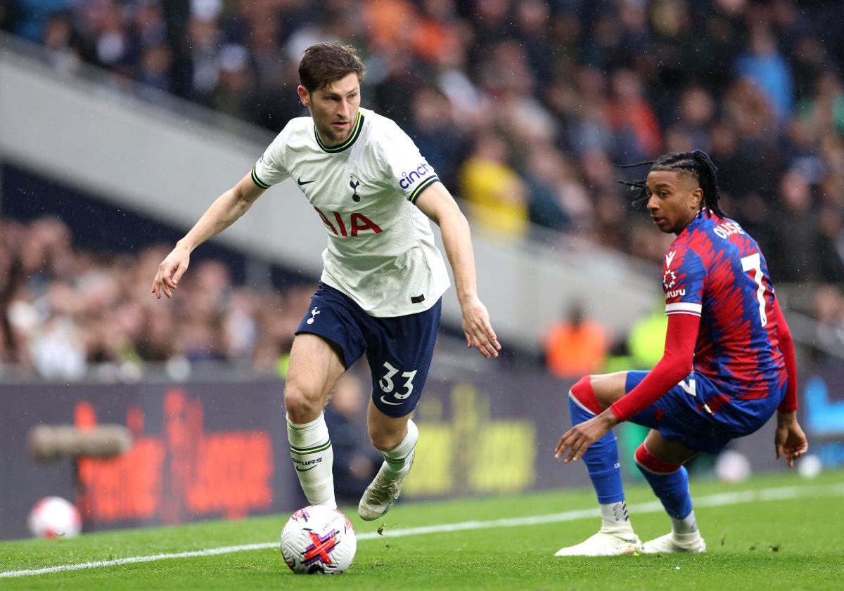 Ben Davies of Tottenham Hotspur runs with the ball whilst under pressure from Michael Olise of Crystal Palace. (Photo by Warren Little/Getty Images)