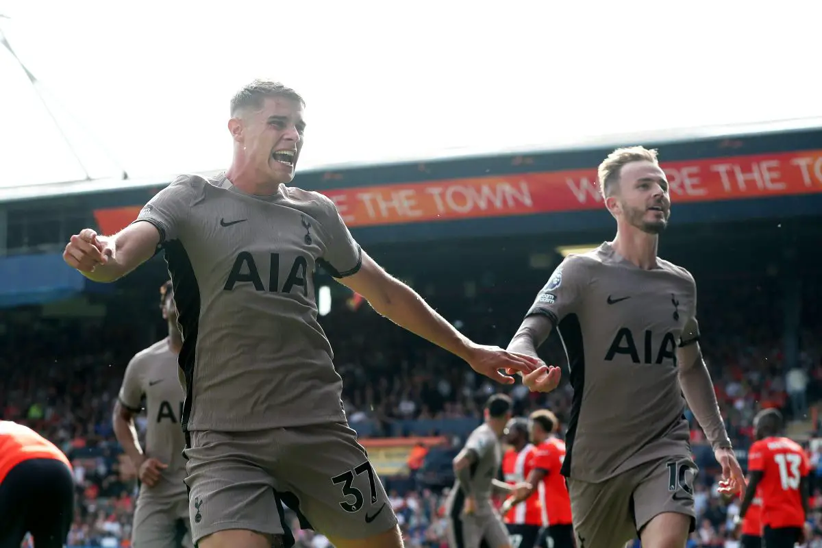 Micky van de Ven of Tottenham Hotspur celebrates with teammate James Maddison after scoring. (Photo by Henry Browne/Getty Images)