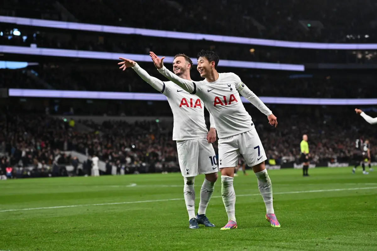 James Maddison celebrates with Son Heung-min after scoring a goal for Tottenham Hotspur. Copyright: Sebastian Frej