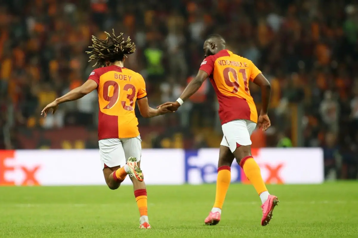 Sacha Boey and Tanguy Ndombele of Galatasaray interact. (Photo by Ahmad Mora/Getty Images)