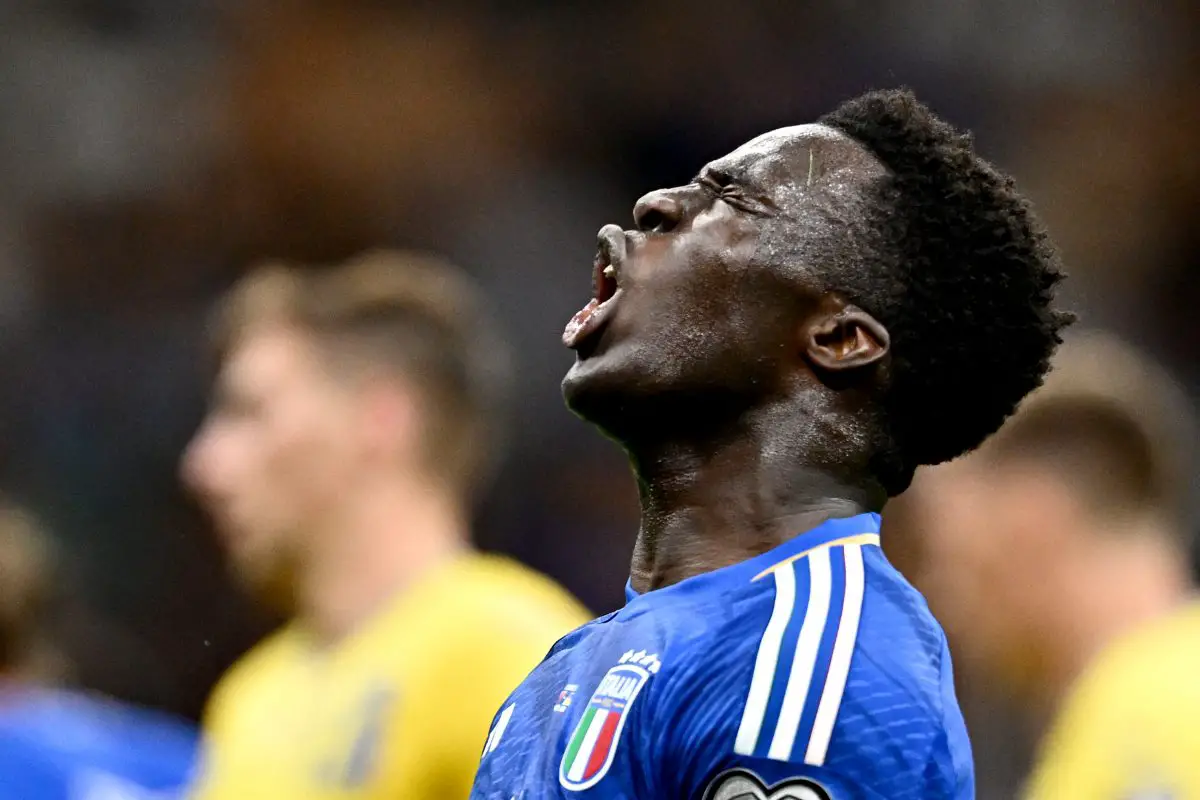 Italy's forward #11 Wilfried Gnonto reacts. (Photo by GABRIEL BOUYS/AFP via Getty Images)