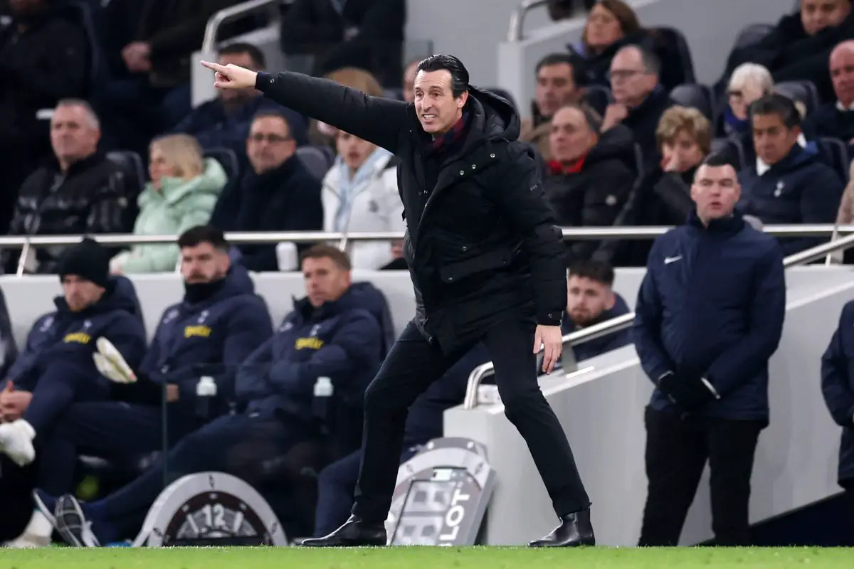 Unai Emery, Manager of Aston Villa, reacts during the Premier League match against Tottenham Hotspur. (Photo by Julian Finney/Getty Images)