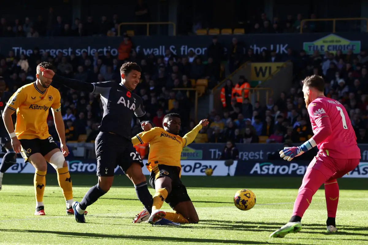 Tottenham Hotspur's Welsh striker Brennan Johnson (2L) shoots to score. (Photo by DARREN STAPLES/AFP via Getty Images)