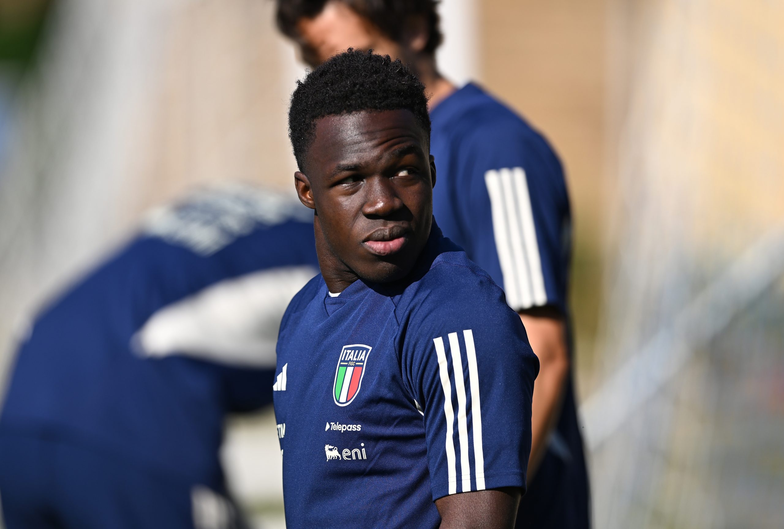 Wilfried Gnonto arrives during an Italy Training Session at Centro Tecnico Federale di Coverciano. (