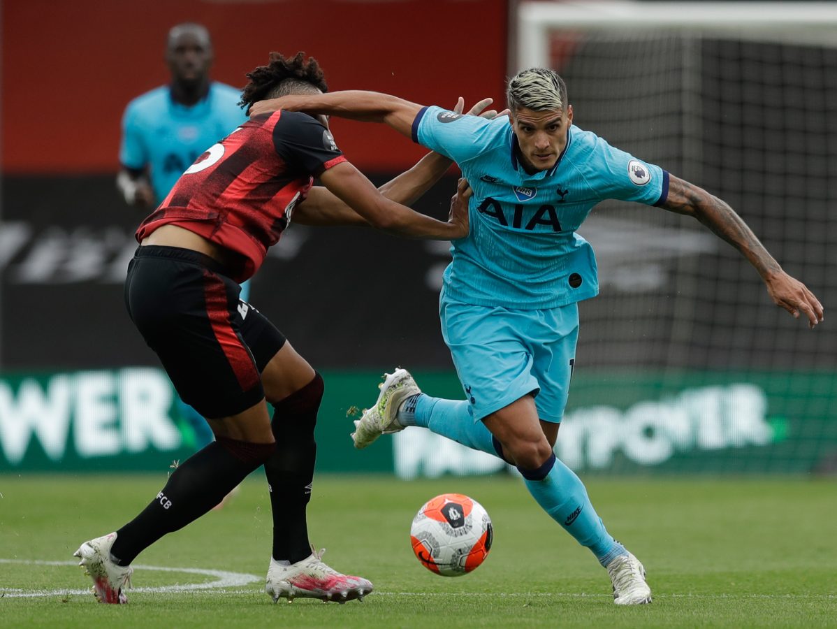 Bournemouth's English defender Lloyd Kelly (L) vies for the ball with Tottenham Hotspur's Argentinian midfielder Erik Lamel. (Photo by MATT DUNHAM/POOL/AFP via Getty Images)