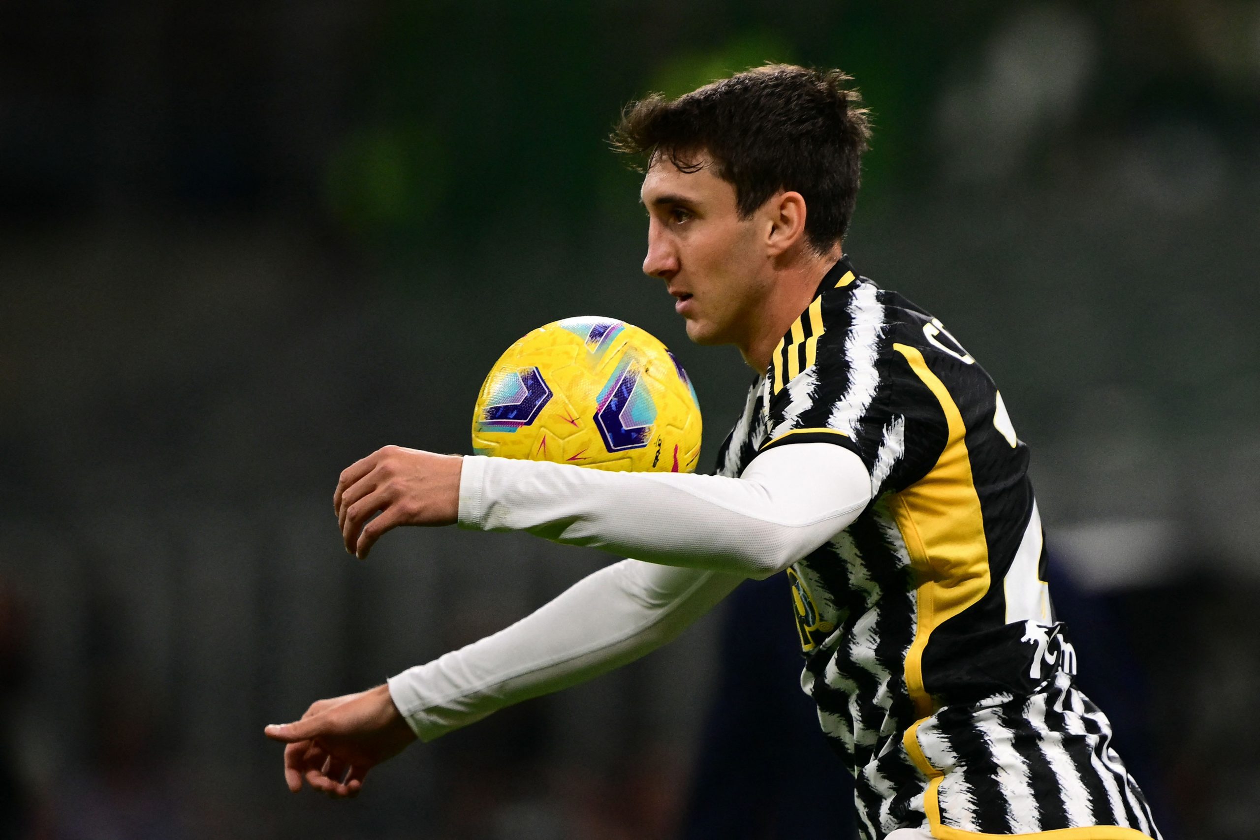 Juventus' Italian defender Andrea Cambiaso controls the ball. (Photo by MARCO BERTORELLO/AFP via Getty Images)