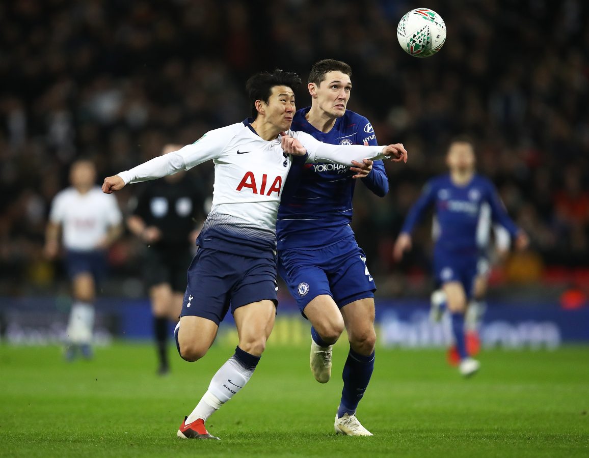 Son Heung-Min of Tottenham Hotspur battles with Andreas Christensen of Chelsea. 