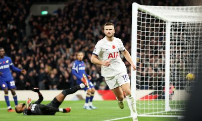 Eric Dier of Tottenham Hotspur celebrates scoring a goal which was later ruled out for offside against Chelsea. (Photo by Ryan Pierse/Getty Images)