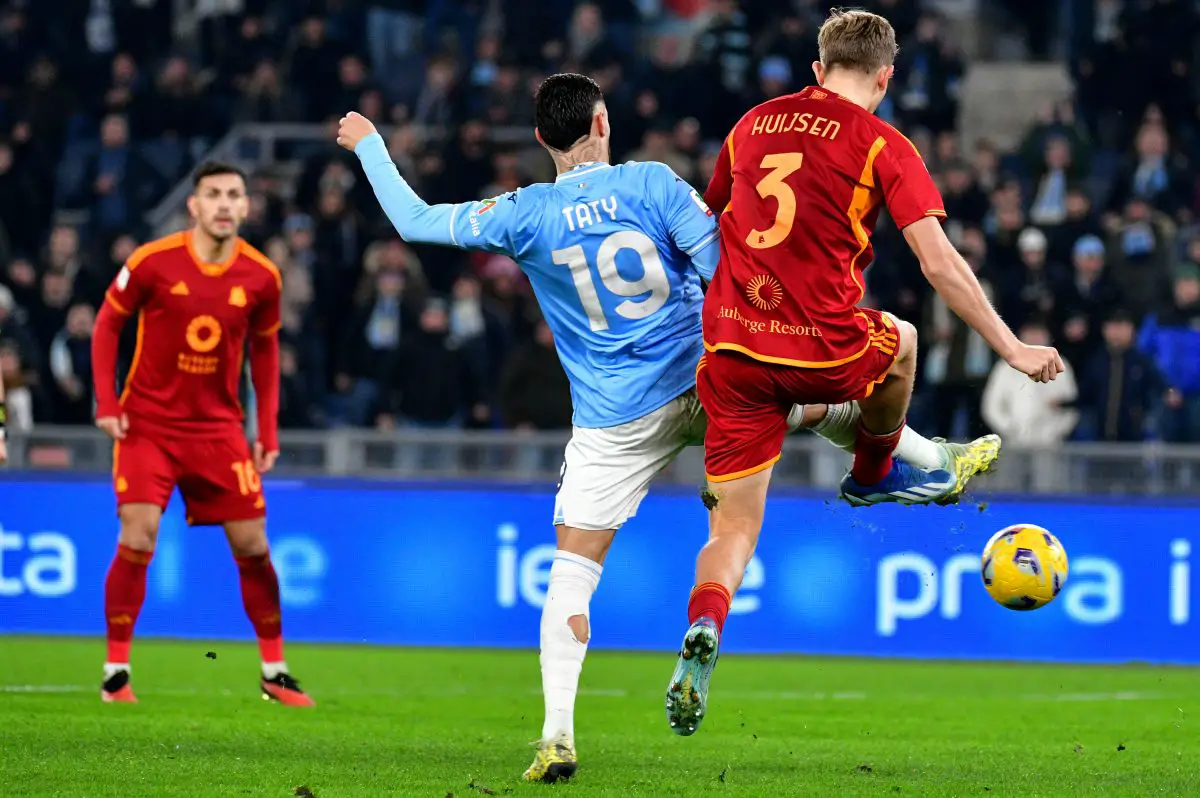 Dean Huijsen of AS Roma fights to regain possession. (Photo by Marco Rosi - SS Lazio/Getty Images)