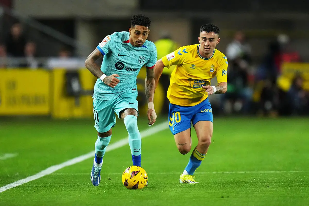 Barcelona winger Raphinha could be on his way back to the Premier League if Tottenham honcho Daniel Levy forks out £60m .  (Photo by Angel Martinez/Getty Images)