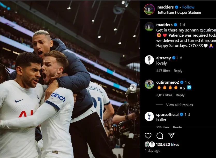 Spurs faithful AJ Tracey comments on James Maddison's post after win over Crystal Palace. 