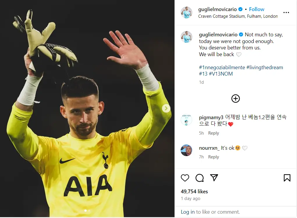 Guglielmo Vicario took to Instagram to react to the dismal Fulham loss