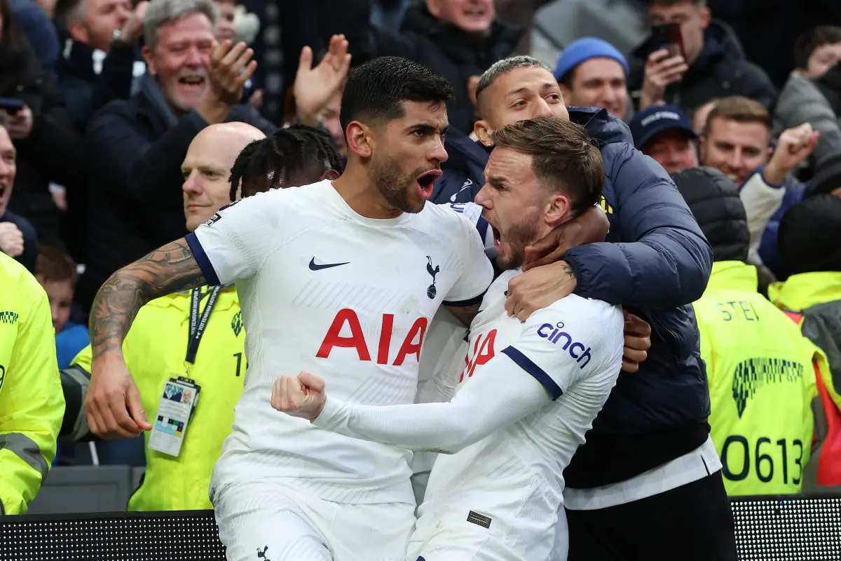 Maddison and Cristian Romero celebrating Tottenham's second goal against Crystal Palace