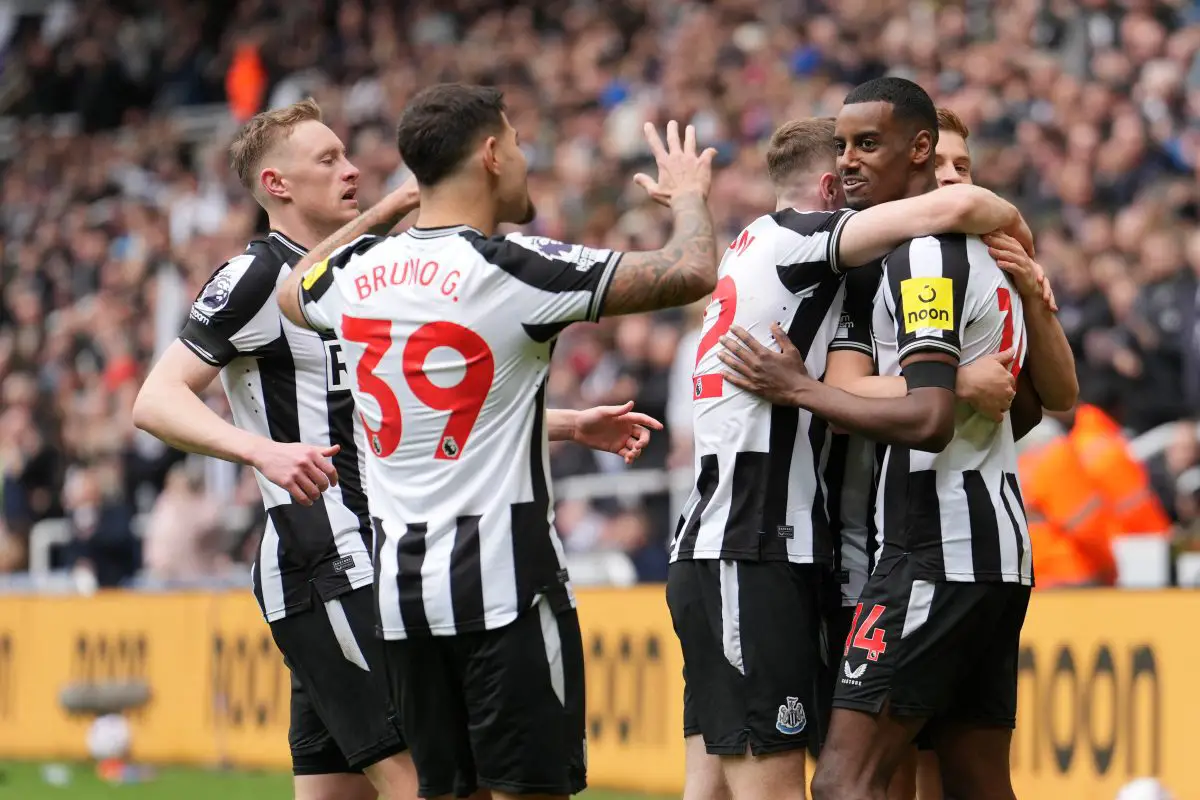 Newcastle players celebrate after scoring their third (of four) goal during the English Premier League football match between Newcastle United and Tottenham Hotspur at St James' Park.  