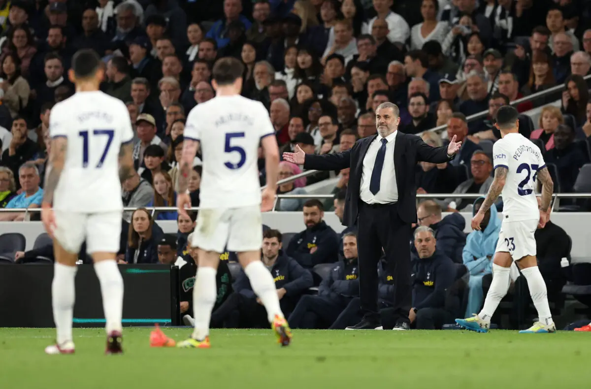 Ange Postecoglou reacts during the Premier League match between Spurs and Manchester City at Tottenham Hotspur Stadium. (Photo by Julian Finney/Getty Images)