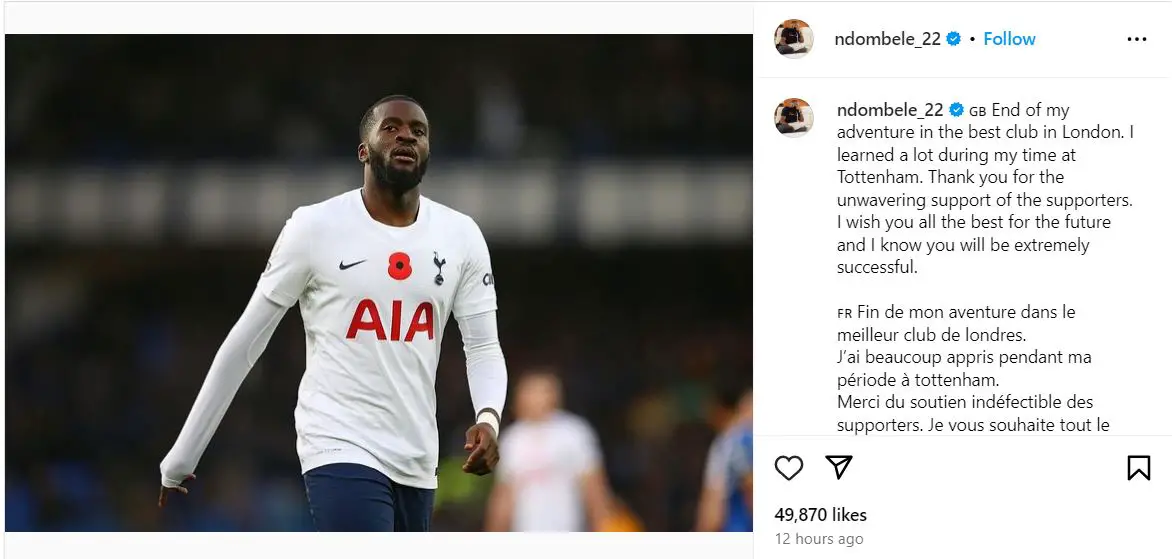 Tanguy Ndombele departs Tottenham Hotspur following mutual contract termination. 