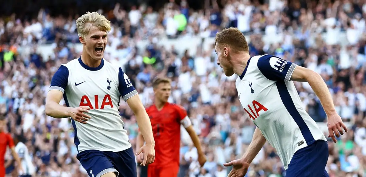 Dejan Kulusevski celebrates with Lucas Bergvall after scoring for Tottenham against Bayern Munich in a pre-season friendly.