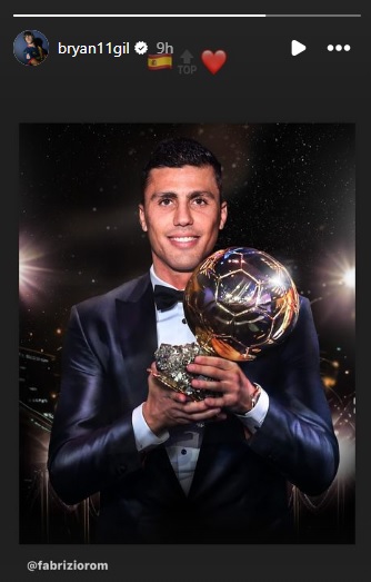 Bryan Gil congratulates Manchester City midfielder and Spain star Rodri for winning the Ballon d'Or in Paris.