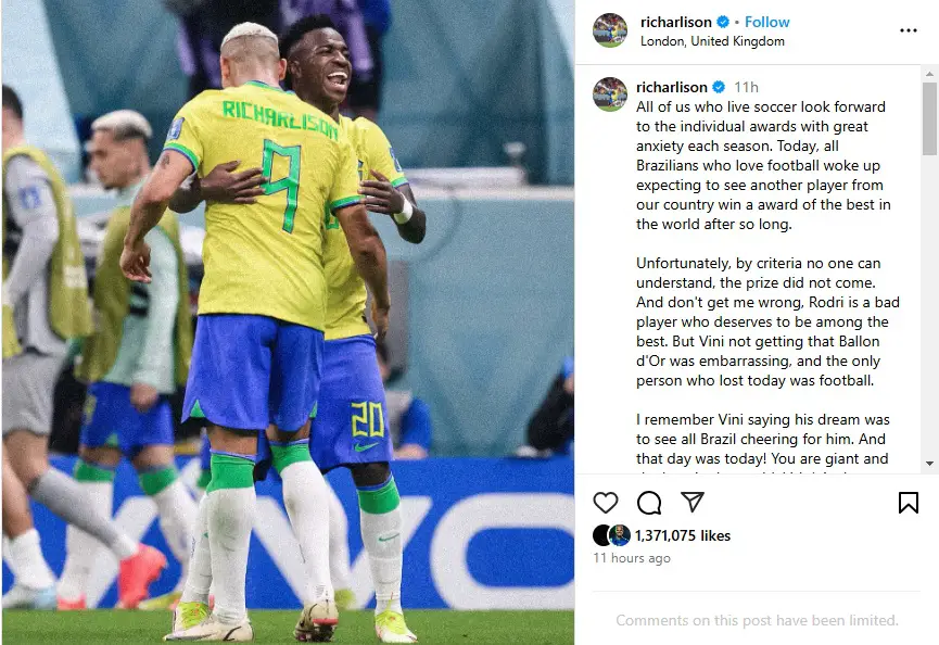 Richarlison comes in support of Vinicius Jr. after Ballon d'Or snub