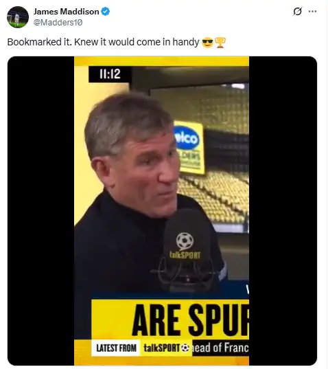 James Maddison posted a video on X in reply to Simon Jordan's criticism after winning the Europa League