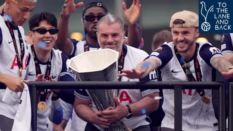 Tottenham boss Ange Postecoglou celebrating at the club's trophy parade.