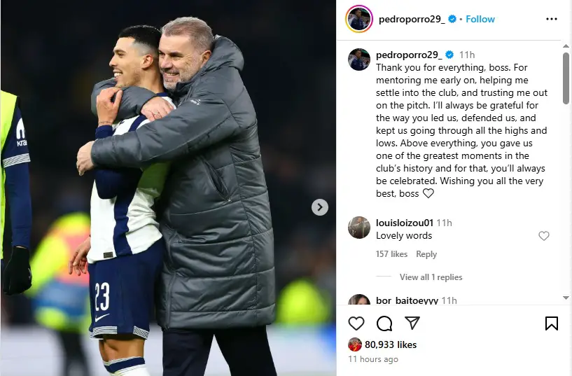 Pedro Porro pens emotional message to Ange Postecoglou after his sacking (Credit: Pedro Porro Instagram)