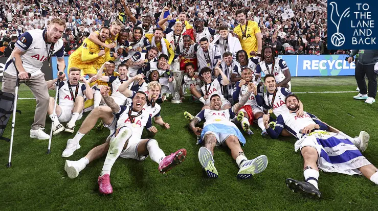 Tottenham players celebrating the Europa League success after the final whistle.