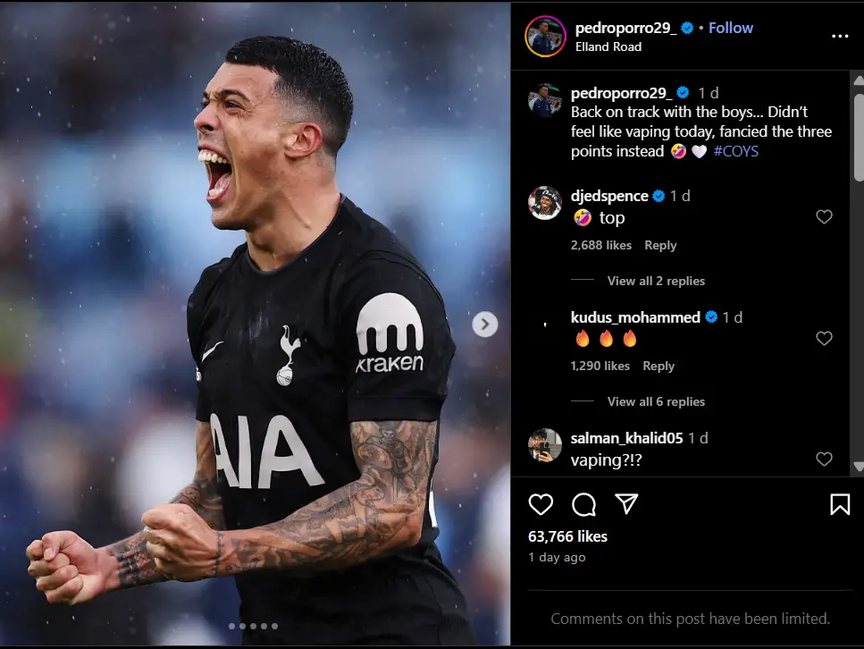 Tottenham Hotspur star Pedro Porro responds to Elland Road hostility with a playful social media post.